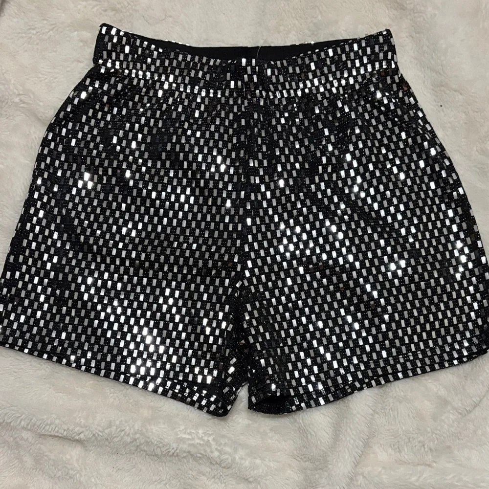 High-Waist Black Sequin Check Shorts - Picture 1 of 3